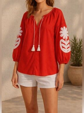 J. Crew Bright Red Embroidered Boho Appliqué Coton Blouse Bright Size Large
